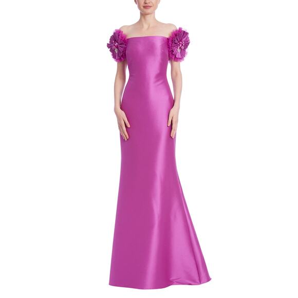 Badgley Mischka Mikado Mermaid Gown Off-Shoulder Pinwheel Flowers pink size 4 - Picture 2 of 15